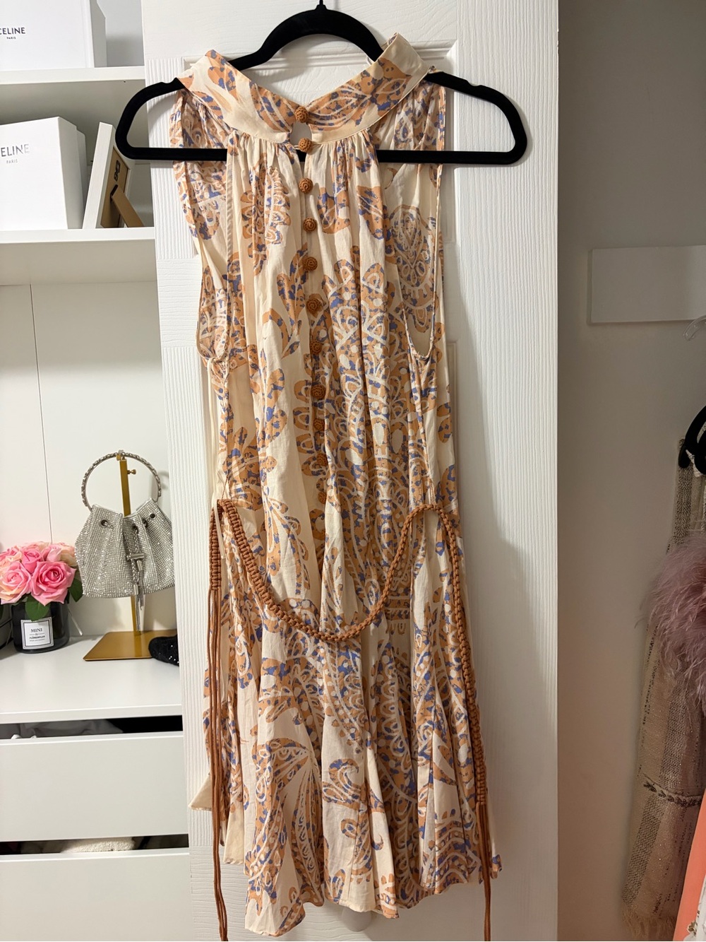 Zara Cream Paisley Midi Dress with Tan & Blue Accents